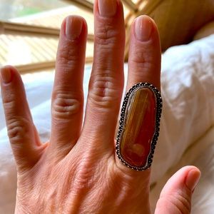Handmade Long Amber colored Agate Stone and Sterling Ring, size 7